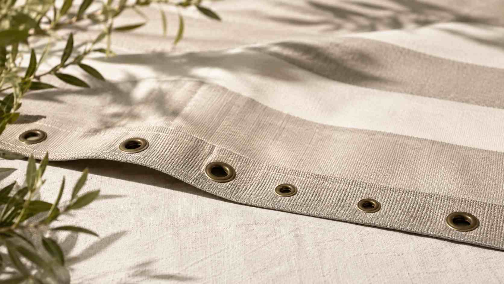 flag pole grommets, The flag pole grommets are arranged in a row along the edge of the light-colored fabric.